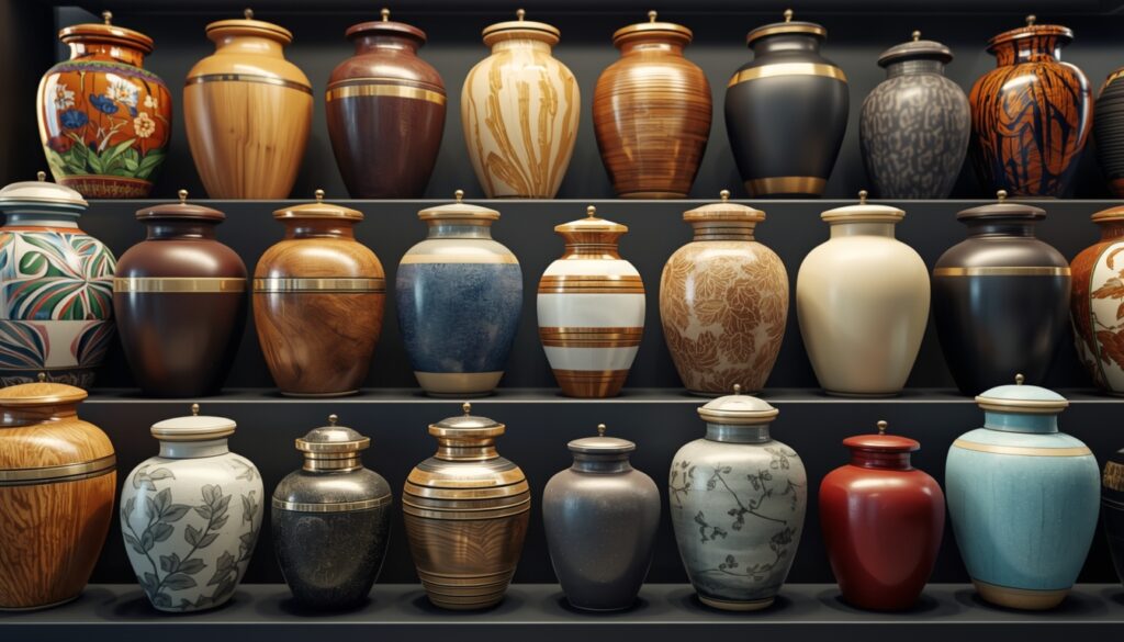 Collection of cremation urns in various styles and materials